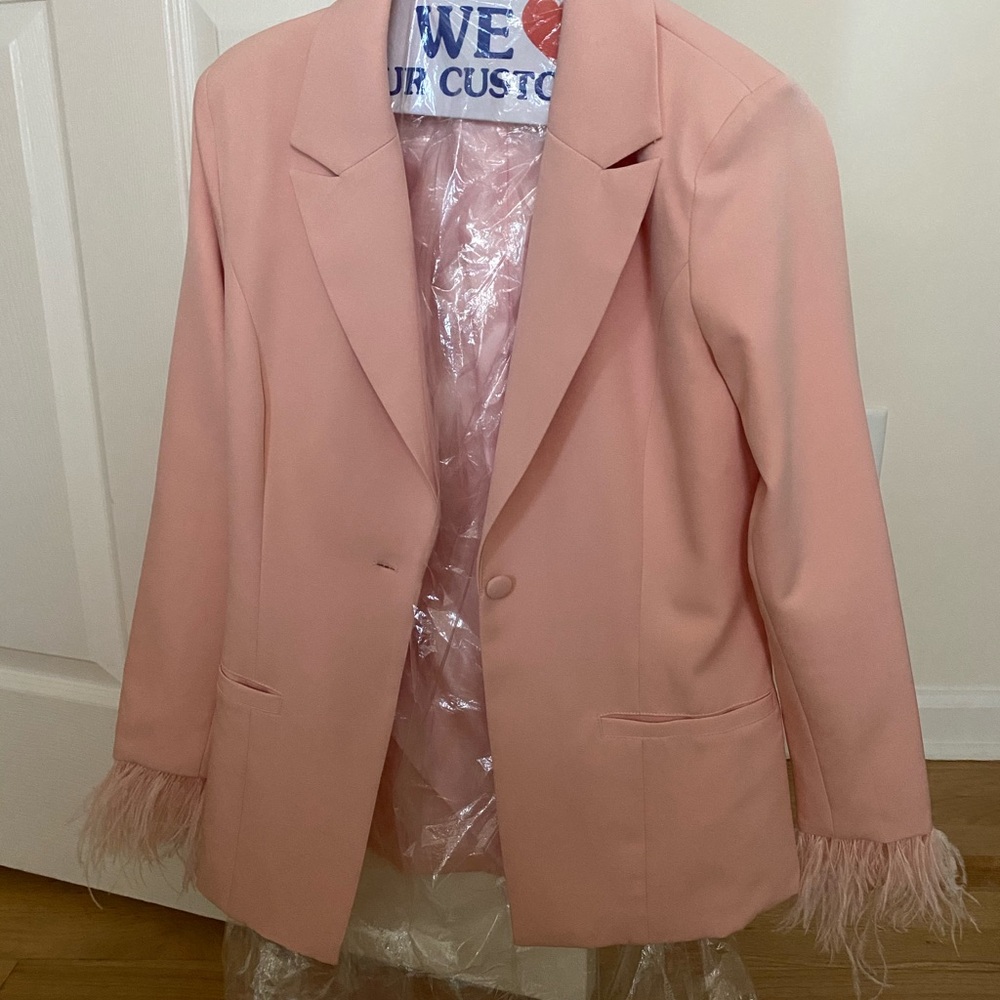 Blazer with feather boa cuffs